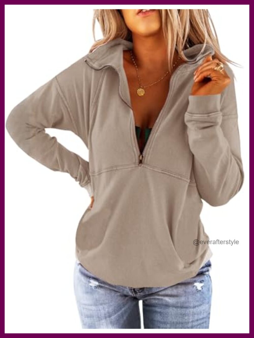 Women's Half Zip Sweatshirt Collared Neck Long Sleeve Loose Fit Pullover Top
